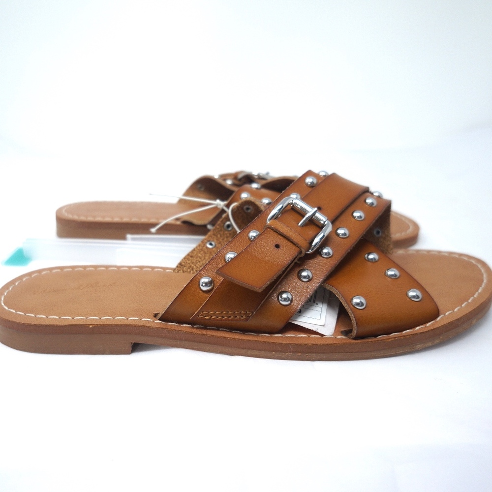 Crossband Studded Slide Sandals Cognac Vegan